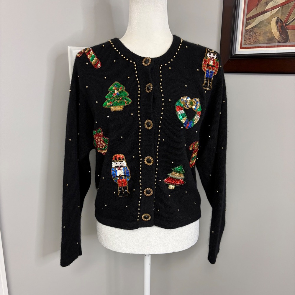 Design Options Vintage Christmas Cardigan Sequin Nutcracker Angora Blend Black M